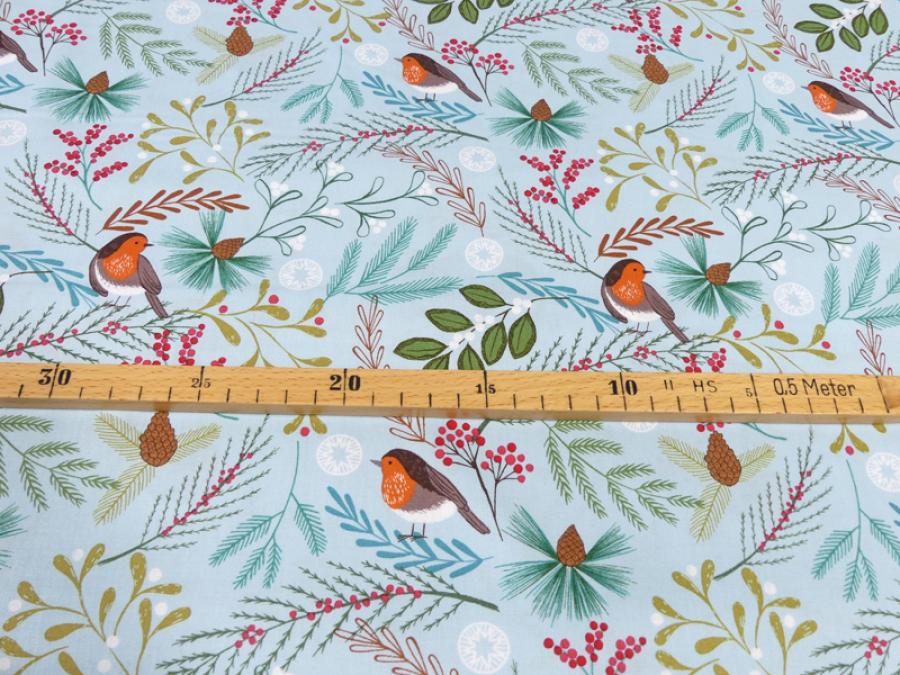 Preview: New Forest Quiltstoff Rotkehlchen blau mit Maßangabe